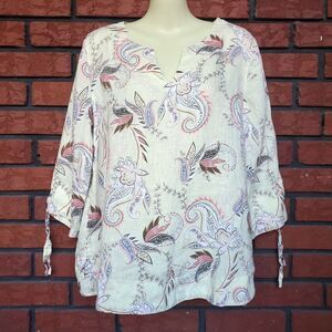 J Jill Love Linen 3/4 Sleeve Top Sz Small Pale Butter Yellow Zest Floral Paisley